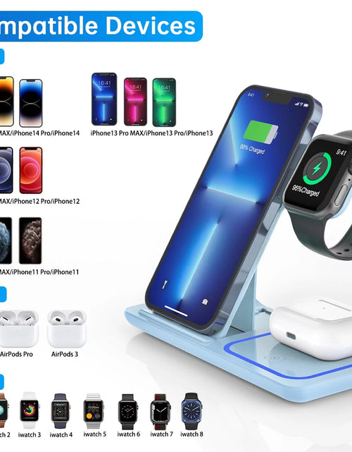 Load image into Gallery viewer, Cshiworld Wireless Charger for Iphone Multiple Devices, 18W 3 in 1 Wireless Iphone Charging Station for Iphone 17 16E 15 14 13 12 11 Pro Max, Iwatch 11 10 9 8 7 6 5 4 3 SE, Airpods 4 3 2 Pro (Blue)
