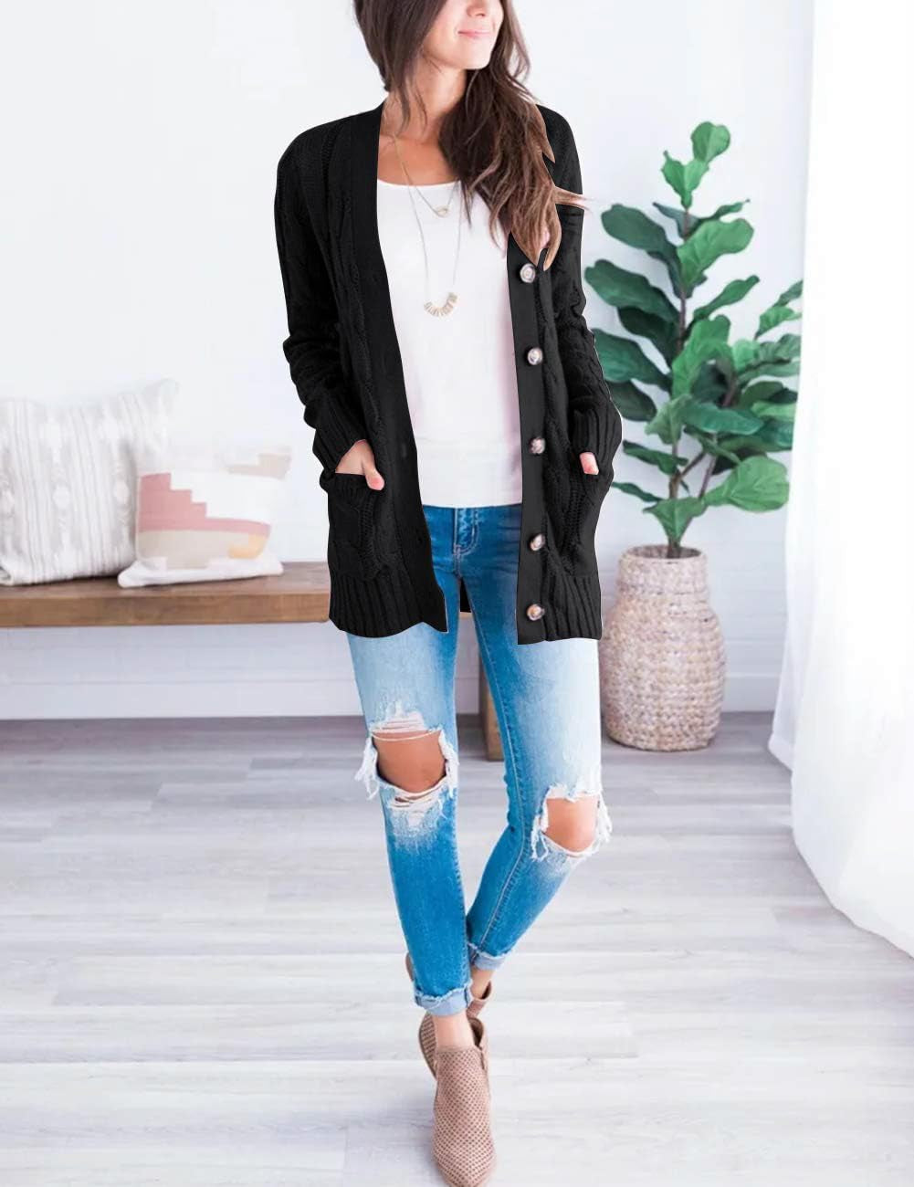 Women'S Long Sleeve Cable Knit Sweater Open Front Cardigan Button Loose Outerwear