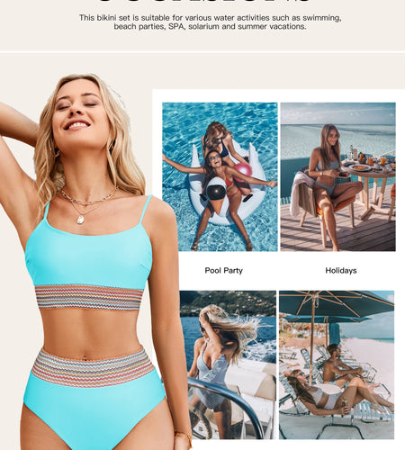 Bikinis for Women High Waisted Bathing Suits for Women Tummy Control Swimsuits Adjustable Spaghetti Straps Bikini Swimwear Blue S