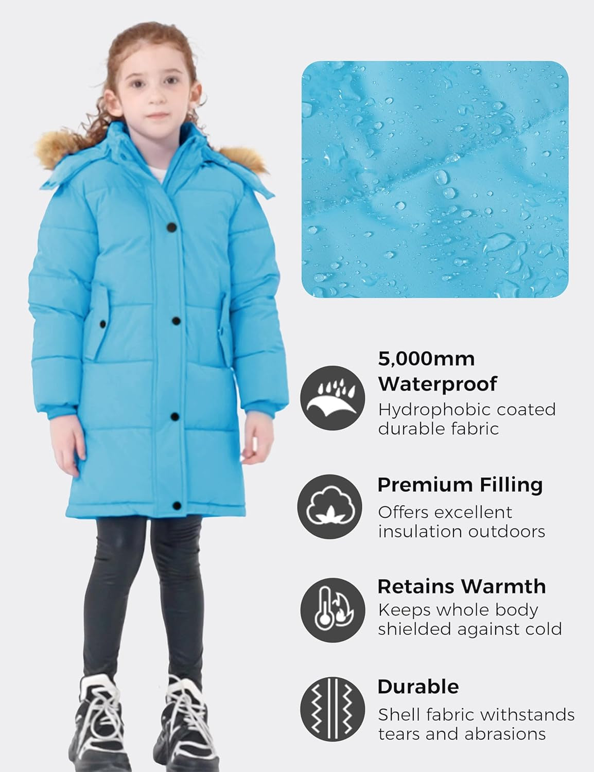 Girl'S Winter Jacket Long Puffer Coat Fleece Outerwear Jacket with Hood Water Resistant