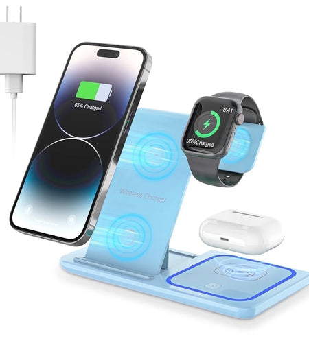 Cshiworld Wireless Charger for Iphone Multiple Devices, 18W 3 in 1 Wireless Iphone Charging Station for Iphone 17 16E 15 14 13 12 11 Pro Max, Iwatch 11 10 9 8 7 6 5 4 3 SE, Airpods 4 3 2 Pro (Blue)