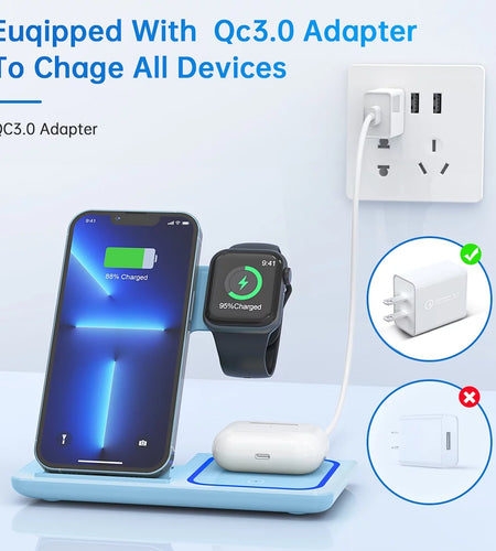 Cshiworld Wireless Charger for Iphone Multiple Devices, 18W 3 in 1 Wireless Iphone Charging Station for Iphone 17 16E 15 14 13 12 11 Pro Max, Iwatch 11 10 9 8 7 6 5 4 3 SE, Airpods 4 3 2 Pro (Blue)