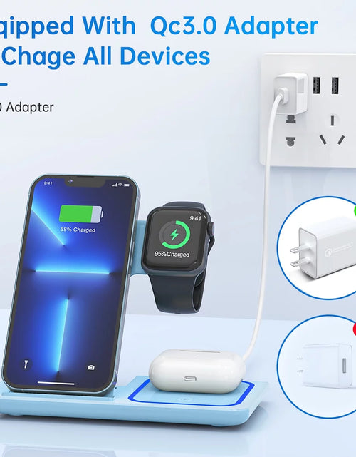 Load image into Gallery viewer, Cshiworld Wireless Charger for Iphone Multiple Devices, 18W 3 in 1 Wireless Iphone Charging Station for Iphone 17 16E 15 14 13 12 11 Pro Max, Iwatch 11 10 9 8 7 6 5 4 3 SE, Airpods 4 3 2 Pro (Blue)
